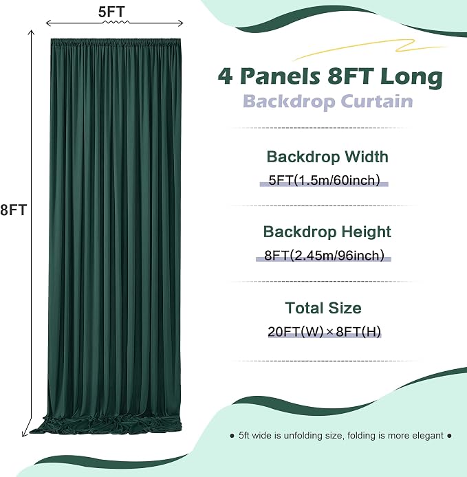 20ft x 8ft Wrinkle Free Hunter Green Backdrop Curtain for Jungle Parties, 4 Panels 5×8ft Soft Silky Green Polyester Photo Backdrop Drapes for Wedding Birthday Photography Christmas Background Cloth