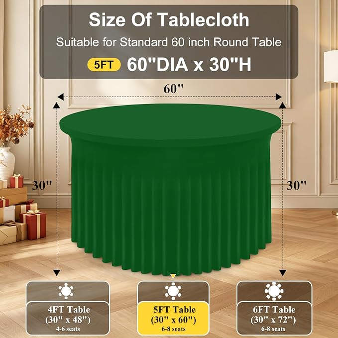 Smiry Round Spandex Tablecloth 2 Pack, Elastic Fitted Washable Tablecloths for 60 Round Tables, Waterpoof Stretch Table Cover Skirt for Outdoor, Wedding, Banquet & Parties, Emerald Green