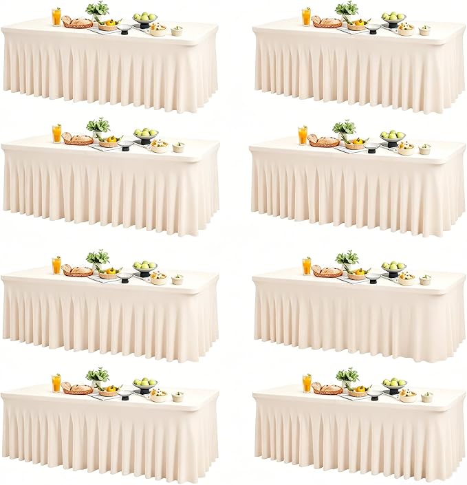 Wish Care 8 Pack Ivory Spandex Table Clothes for 6 Foot Rectangle Tables, 6FT Wrinkle Free Fitted Tablecloths Ruffles Design Table Cloth for Party, Banquet, Wedding and Events
