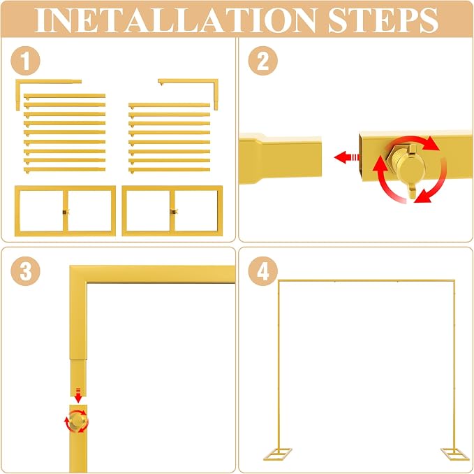 Wokceer 8FT x 8FT Backdrop Stand Heavy Duty Pipe and Drape Kit, Adjustable Square Gold Backdrop Stand for Wedding Birthday Party Photo Shoot Background