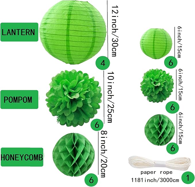 WOLHOWLTD Green Theme Paper Decoration Set - 34 pcs Lanterns,Pompoms,Honeycomb for Woodland,St. Patrick's,Jungle Theme, Wedding,Happy Birthday,Tropical Parties (Green)