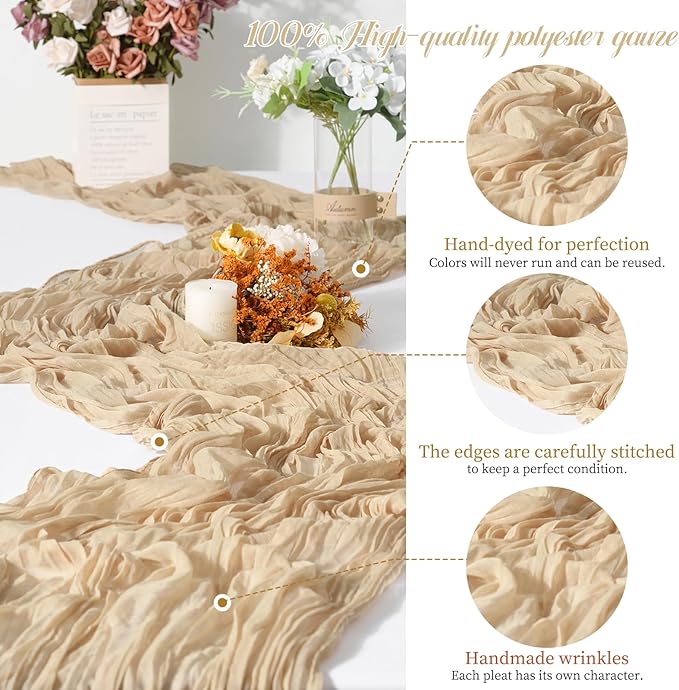 15 Packs Cheesecloth Table Runner Beige,10 Ft Rustic Gauze Boho Wedding Table Runner Decoration, Wedding Table Decor Table Cloth for Wedding Party Bridal Shower Table,21.5x120in