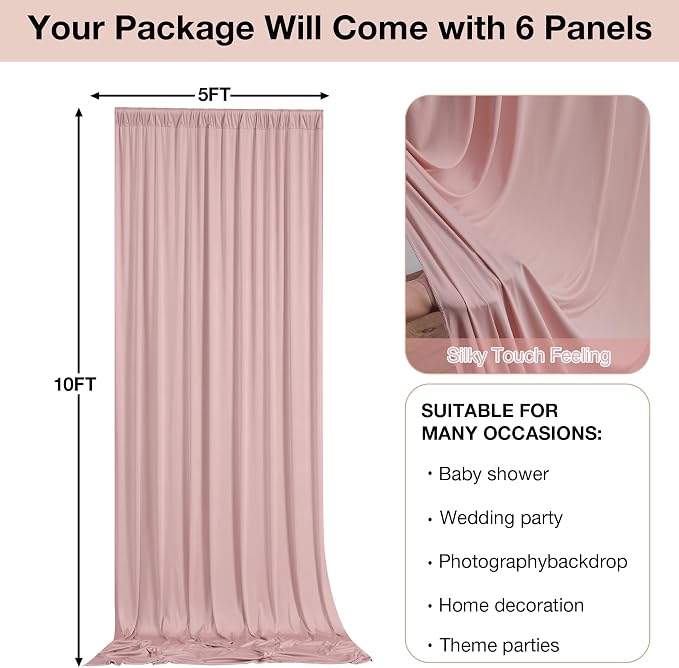 10ftx10ft Wrinkle Free Dusty Pink Backdrop Curtains for Parties, Silky Polyester Photo Backdrop Drapes 2 Panels 5x10ft Back Drop Cloth for Wedding Birthday Baby Shower Photography Background