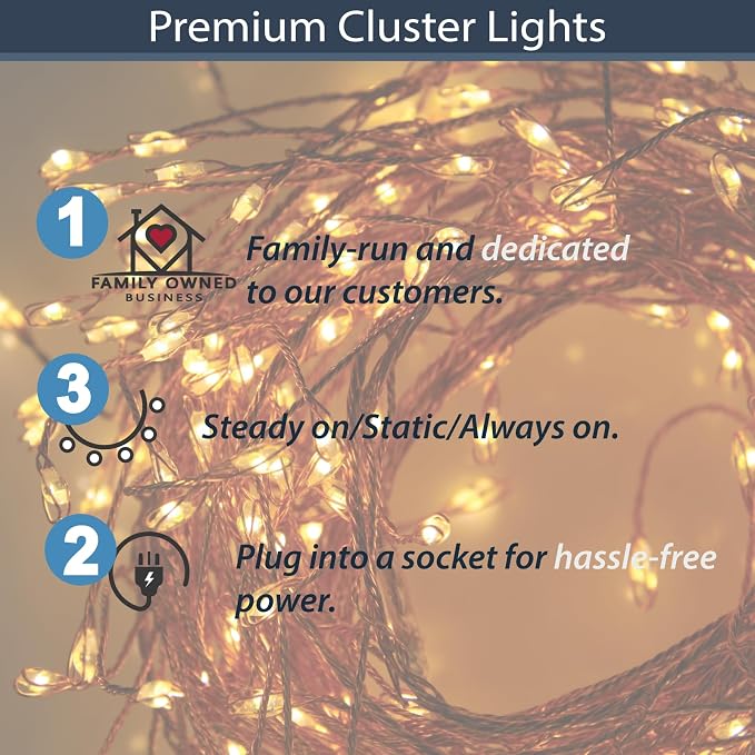 QBIS 240 LED Christmas Cluster Lights, 10ft Warm White Fairy Lights on Copper Wire, Plug in, Christmas Tree Lighting, Firecracker Light String Indoor Outdoor use, Window, Fireplace, Stair Decoration