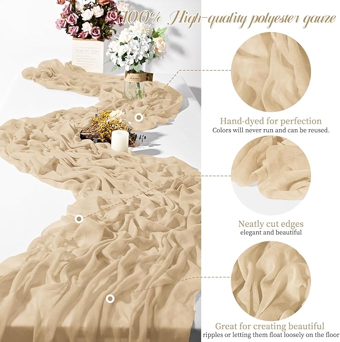 24 Packs Beige Cheesecloth Table Runner,10ft Rustic Gauze Boho Wedding Table Runner Decoration, Wedding Table Decor Sheer Table Runner for Wedding Party Bridal Shower Table
