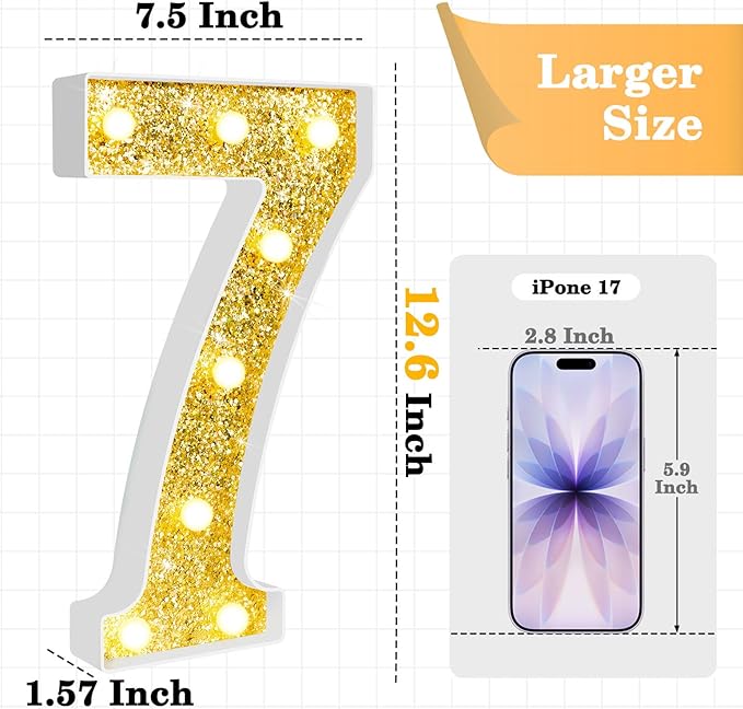12.6 Inch LED Gold Marquee Light Up Numbers, 7th Birthday Decorations Number Lights as Gifts for Girls Boys, Glitter Lighted Marquee Numbers for Golden Anniversary Party Table Decor, 7