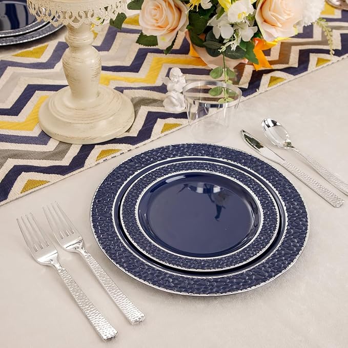 Ciaell 150 PCS Blue and Silver Plastic Plates - Blue Disposable Plate include 50 Plates, 25 Knives, 25 Forks, 25 Spoons, 25 Cups for Weddings & Party