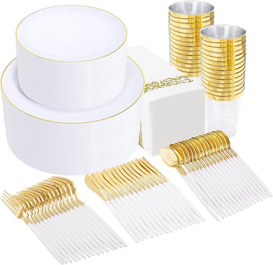 Supernal 350pcs Gold Plastic Dinnerware Set for 50 Guests,Fancy Disposable Plates for Party,Gold Plastic Silverware with White Handle,Disposable White Plates Wedding,Birthday