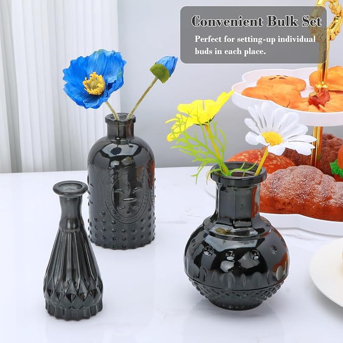 Black Flower Vase Set, Glass Bud Vase in Bulk Set of 8,Artistic and Cultural Flavor Mini Vases for Home Office Decor, Bedroom, Office, Living Room Decorations,Wedding