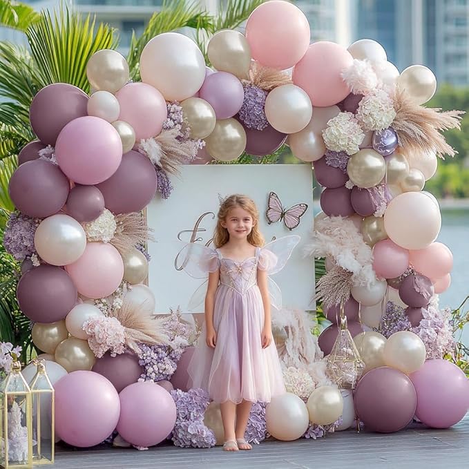 Dusty Purple Pink Balloon Arch Kit, Double Stuffed Lavender White Sand Pearl Balloon Garland with Pastel Pink Lilac Blush Gold Latex for Baby Shower Birthday Wedding Mothers Day Fairy Party