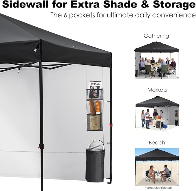 GAFETE 10×10 Pop Up Canopy Tent with 1 Pockets Sidewall, Easy up Sun Shade with One Push Setup, Portable Instant Outdoor Canopy Tent for Events Parties Camping with Carrying Bag (Black, 10x10 FT)