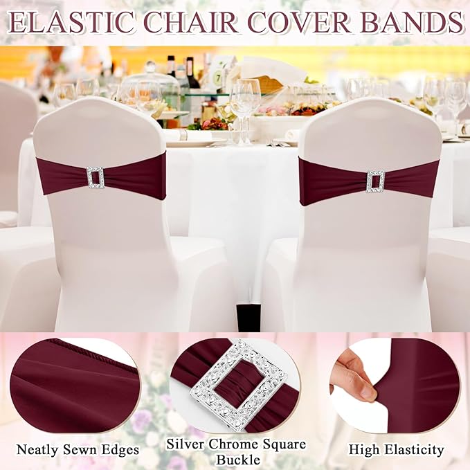 VitalCozy 100 Pcs Spandex Chair Sashes with Square Buckle Slider Stretch Chair Cover Band Universal Elastic Ties Straps Bows for Wedding Banquet Event Party Decoration(Burgundy)