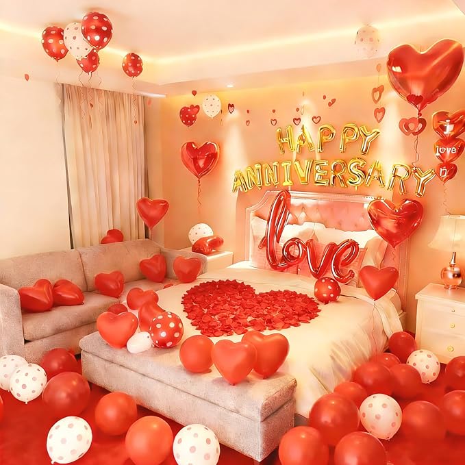 Happy Anniversary Decorations - Romantic Decor for Wedding, Valentines Day Heart Balloons for Bedroom, Party Decor Supplies