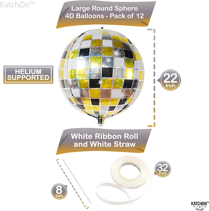 KatchOn, Shiny Disco Ball Balloons - Big 22 Inch, Pack of 12 | Foil Black and Silver Disco Balloons for Disco Ball Decor | Black and Gold Graduation Decorations | Bachelorette Party Decorations