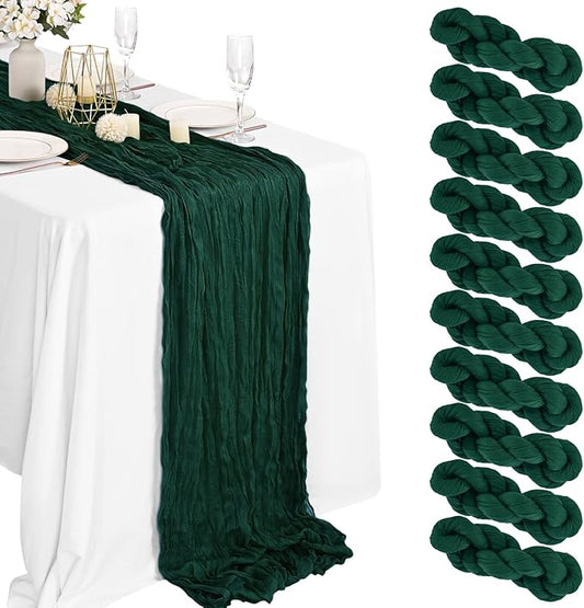 10 Packs Cheesecloth Table Runner Emerald Green, 10Ft x 35" Dark Green Rustic Gauze Boho Wedding Table Runner Decoration, Wedding Table Decor Table Cloth for Wedding Party Bridal Shower Table