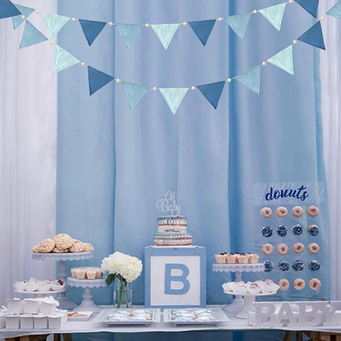 2 Sets of Blue Pennant Wooden Bead Banner Nursery Garland 20pcs Royal Linen Fabric Flags Triangle Streamers for Baby Room Decor Kids Boys Nautical Birthday Baby Shower Boho Event Party Decorations