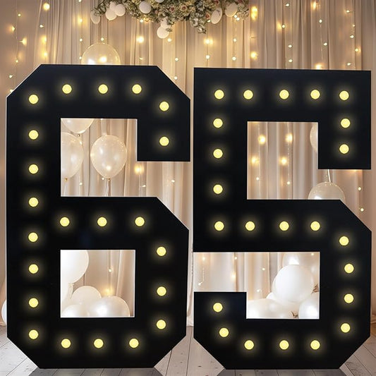 LOBOOM 4FT Marquee Light Up Numbers, Black Giant Marquee Number Big Mosaic Number for 65th Birthday Party Decorations Backdrop 65 Anniversary Decor, Pre-Cut Frame Large Number 65