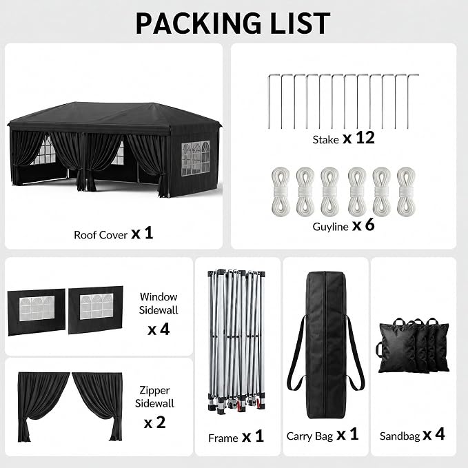 KIGOTY 10x20 FT Portable Pop Up Canopy Tent, Adjustable Height Instant Gazebo with Sidewalls, Sandbags, Waterproof Outdoor Canopy for Camping, Parties, Vendor Events (Black, 3m × 6m with sidewalls)