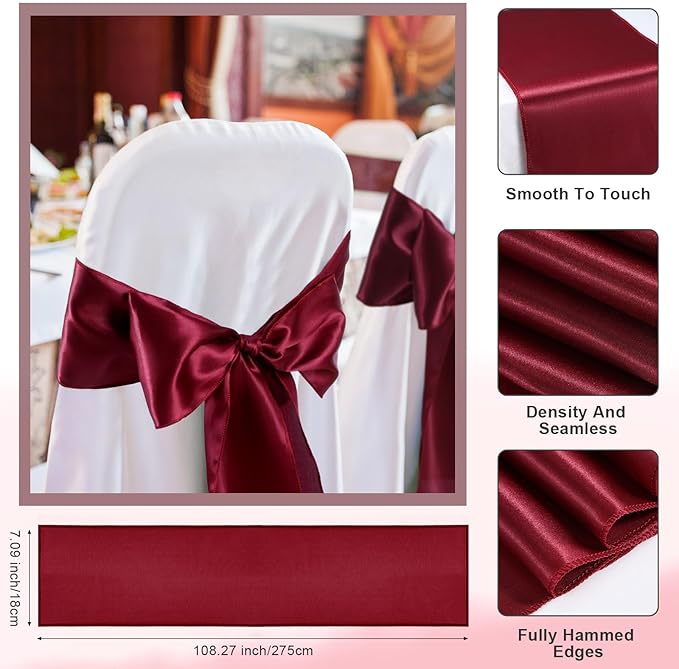 Lounsweer 50 Pcs Folding Chair Cover Set with 25 Stretch Spandex Slipcovers 25 Satin Chair Sashes Bows Ribbon Washable Banquet Protector for Wedding Event Party(White, Wine Red)