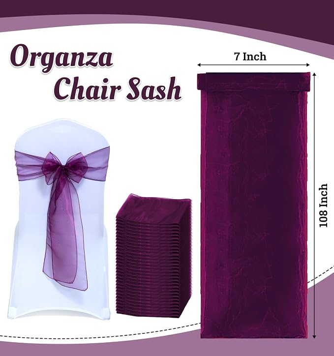 MDS® Pack of 125 Organza Chair Sashes for Wedding Decoration, Reusable Sheer Chair Bows for Banquet Chair Cover, Reception, Bridal Shower, Baby Shower, Birthday Party & Special Events - Eggplant