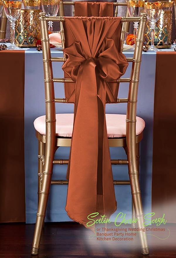 120 PCS Terracotta Satin Chair Sashes, Ties Bows Designed Chairs Decorative, Chair Cover Sashes for Thanksgiving Wedding Christmas Banquet Party Home Kitchen Decoration (7 x 108 inch)