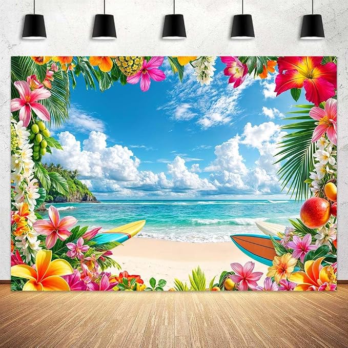 7X7ft Summer Beach Backdrop Tropical Hawaii Palm Tree Floral Photography Backdrops Blue Sea Sky Sunshine Luau Party Photo Background Wedding Bride Shower Baby Birthday Party Banner Supplies Props