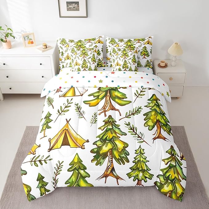 jejeloiu Happy Camping Comforter Set with Sheets King Size 7 Pieces Kids Tree Branches Woodland Bedding Set for Boys Girls Summer Leaves Pattern Nature Theme Bed in a Bag Room Decor