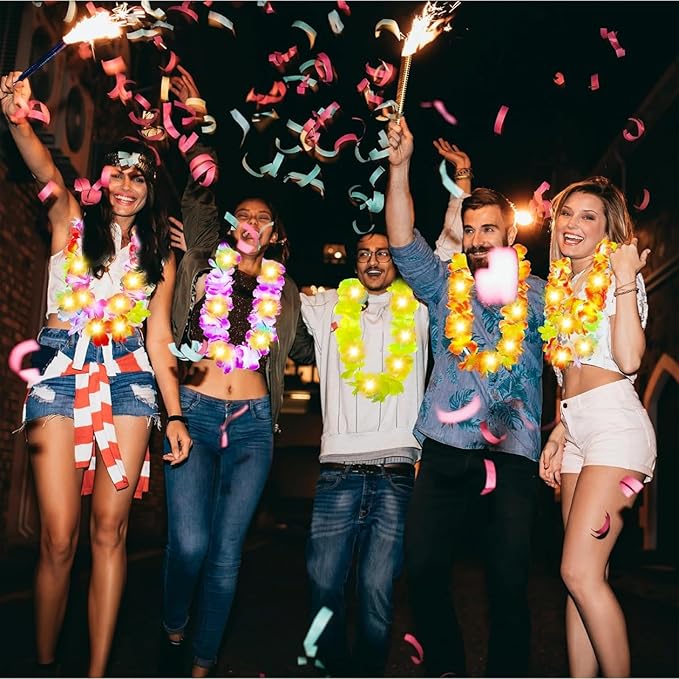 Sherr 48 Pcs LED Hawaiian Leis Light up Flower Leis Necklace with LED Lights Luau Flowers Necklaces for Masquerade Beach Wedding Tropical Themed Party Supplies(Bright Colors)