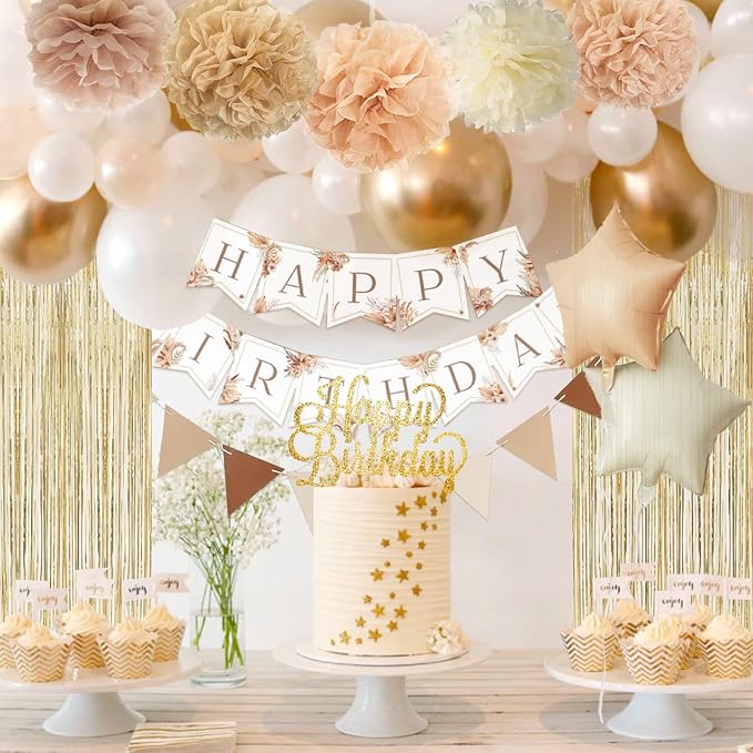 Birthday Decorations for Women - Beige Cream Neutral Balloons, Happy Birthday Decorations, Boho Party Banner