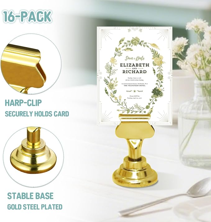 ERYTLLY 24 PK Place Card Holders 1.7 inches Table Card Holder Steel Card Holders for Weddings,Birthdays,Photos, Memo Notes, Restaurants (Gold 24PK)