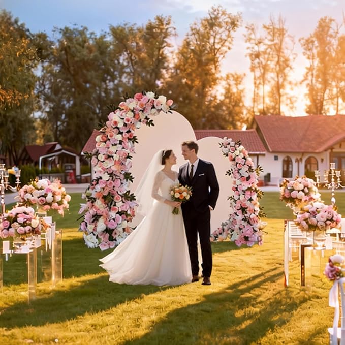 SuuWoee Arch Backdrop Stand Set of 2 With Beige Cover (7.2FT+6FT),Gold Metal Wedding Arch Balloon Stand With Cover for Birthday Party Baby Shower Graduation Ceremony Decoration
