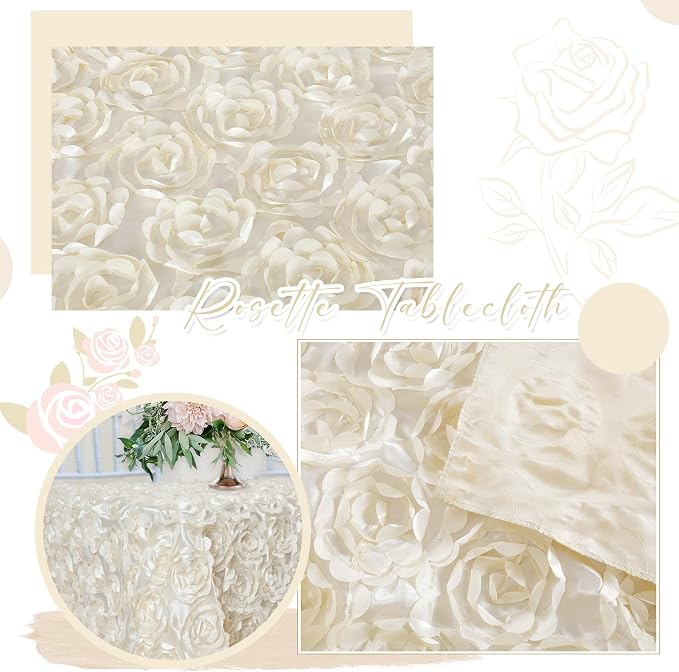 Ivory Rosette Tablecloth Wedding Decoration 50x80Inch Satin Tablecloth Flower Table Cover for Wedding Baby Shower Home Party Table Decoration