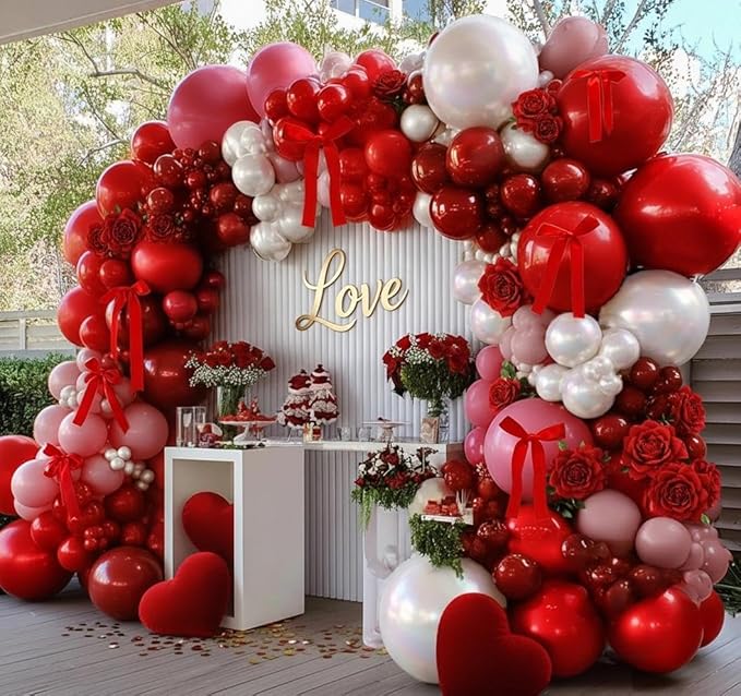 Red Pink Balloon Arch Kit Double Stuffed Dark Red Pink Burgundy White Pearl Balloon Garland With Bows for Valentine Mothers Day Wedding Bridal Shower Engagement Anniversary Mom Birthday Party Decor
