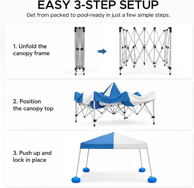 SUNJOY 10x10 FT Floating Pool Canopy Pop Up Gazebo, Gray and Navy Water Tent with Steel & Aluminum Frame, PVC Floats, Hand Pump & Carry Bag for Lake, Beach, Pool
