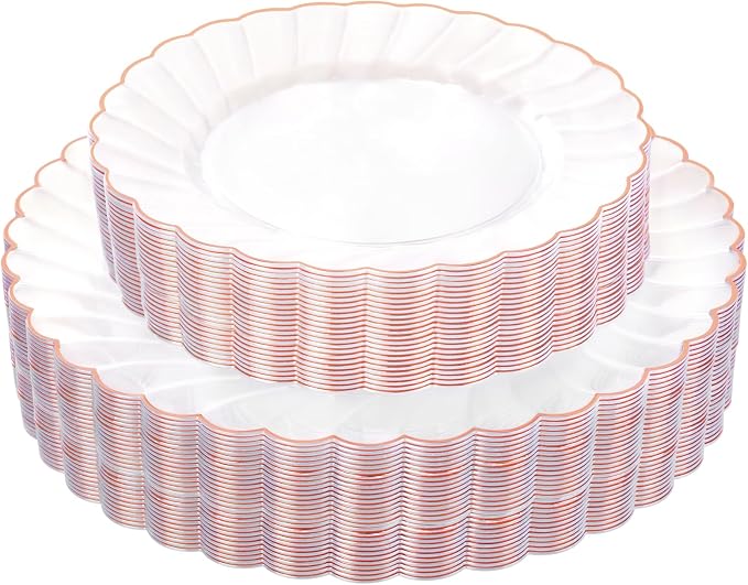 YOUBET 60PCS Rose Gold Plastic Plates - Scalloped Disposable Plates include 30 Dinner Plate, 30 Dessert Plate for Party & Wedding & Baby Shower