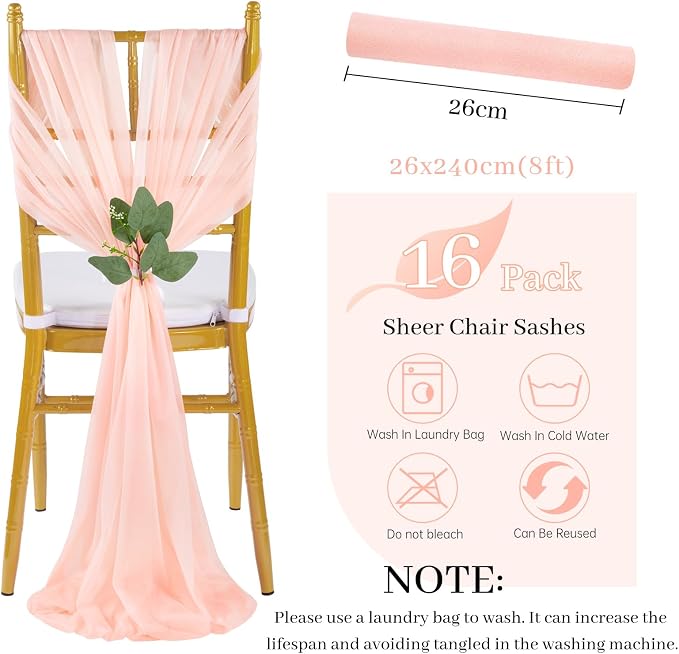 QueenDream Blush Chair Sashes Wedding Aisle Decorations: 16 Packs Tulle Draping Fabric Sheer Church Chair Cover Bulk for Baby Shower Party Banquet
