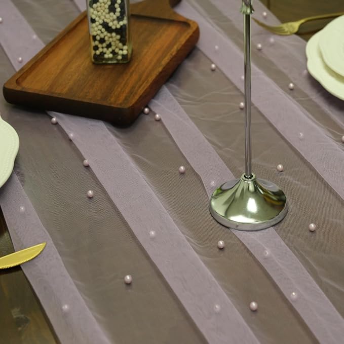 Set of 6 Pearl Table Runner 10ft, 29 * 120 Inch Purple Table Cloth Sheer Tulle Table Cover,Pearl Table Runner for Wedding Party Baby Shower Birthday Home Decor