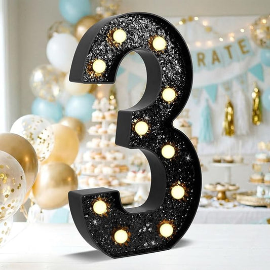 12.6 Inch LED Black Marquee Light Up Numbers, 3rd Birthday Decorations Number Lights as Gifts for Girls Boys, Glitter Lighted Marquee Numbers for Black Anniversary Party Table Decor, 3