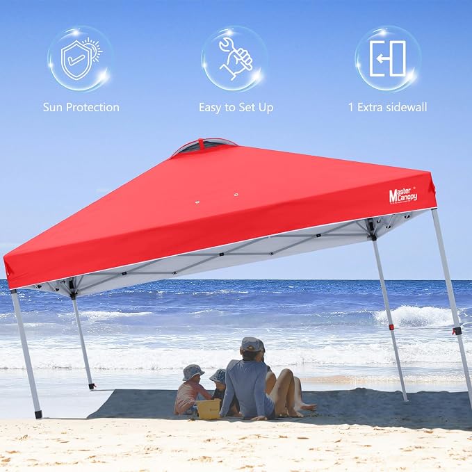 MASTERCANOPY 10x10 Pop Up Canopy Tent with 1 Sidewall, 1 Person Setup Instant Shelter, Outdoor Portable Beach Canopy, 1 Roller Bag, 4 Sandbags, 4 Ropes, 8 Stakes (10x10, Red)