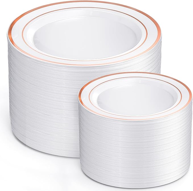 I00000 200 Pcs Rose Gold Plastic Plates, Disposable Party Plates Include 100 Gold Dinner Plate 10’’ and 100 Disposable Dessert Plate 7’’ Perfect for Party, Wedding & Birthday
