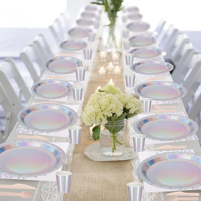 200PCS Iridescent Party Decorations Supplies, Paper Plates and Napkins Set, Iridescent Party Tableware Set for Mermaid Unicorn Birthday Wedding Party, Serve for 25 (Iridescent Set)