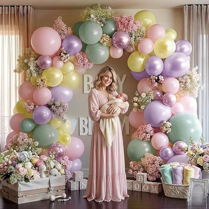 Green Pink Balloon Arch Kit Double Stuffed Light Pastel Lavender Yellow Pearl Balloon Garland for Baby Shower Birthday Spring Wildflower Fairy Garden Tea Butterfly Party Decorations