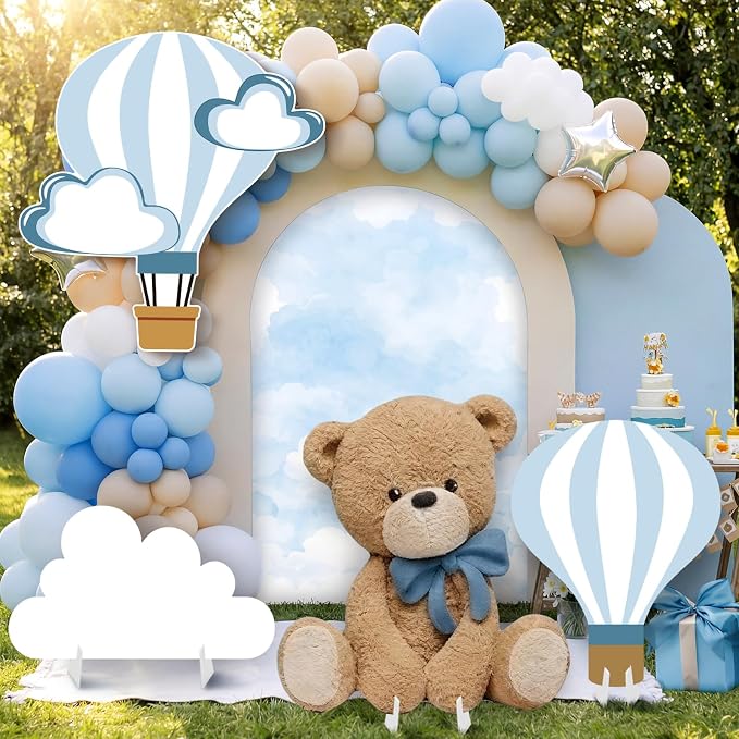 4 Pcs Large 23.62" Teddy Bear Baby Shower Decorations Teddy Bear White Cloud Hot Air Balloon Cardboard Cutouts, Cloud Party Yard Signs for We Can Bearly Wait Birthday Party Supplies