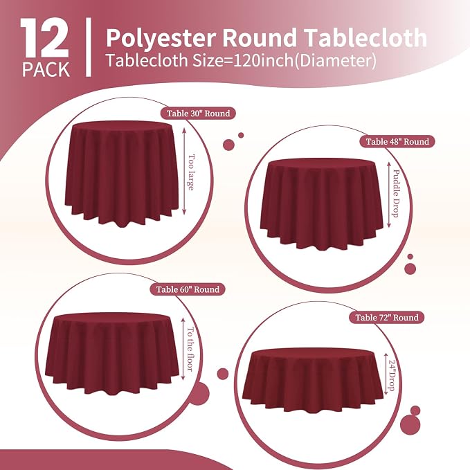 Pesonlook 12 Pack Round Tablecloth Burgundy Polyester 120 Inch Washable Fabric Round Table Cover Burgundy Tablecloth for Wedding/Party/Banquet/Dining/Buffet Table