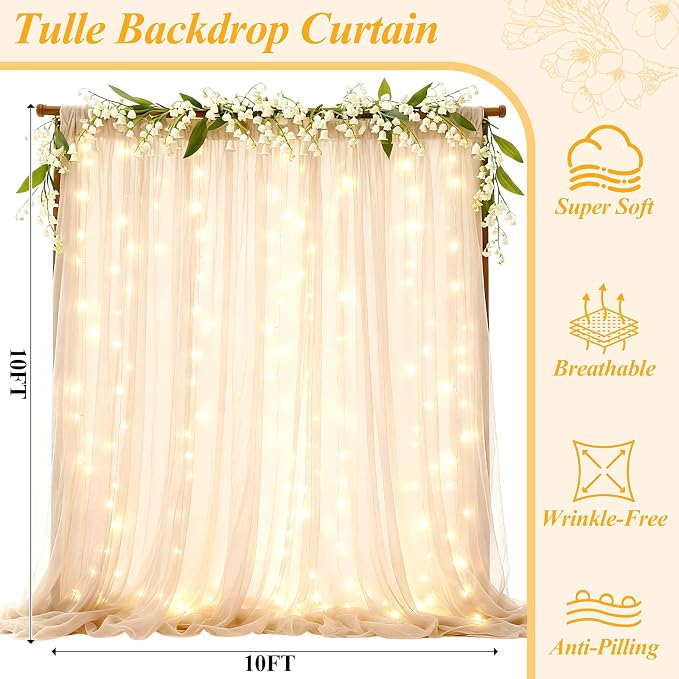 Ledido 3 Pack 10×10ft Beige Tulle Backdrop Curtains with Lights String - 900LED Fairy Lights Sheer Curtain Backdrop for Wedding Baby Shower Photo Shoot Birthday Party Decoration(6 Panels 5×10ft)，Beige
