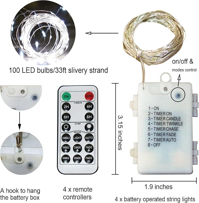 Fairy Lights Battery Operated 100 LED 33 ft Twinkle Starry Firefly LED String Lights with Timer 8 Modes Remote Waterproof for Christmas Party Bedroom Wedding 4 Pack (White)