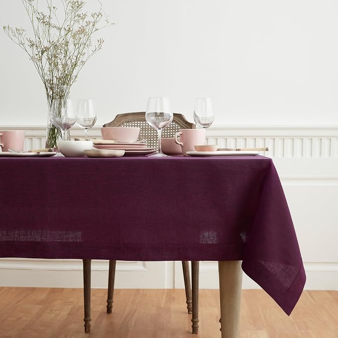 Solino Home Linen Tablecloth 60 x 132 Inch - 100% Pure Linen Chambray Burgundy Table Cloth for Rectangle Tables - Athena, Machine Washable Tablecloth