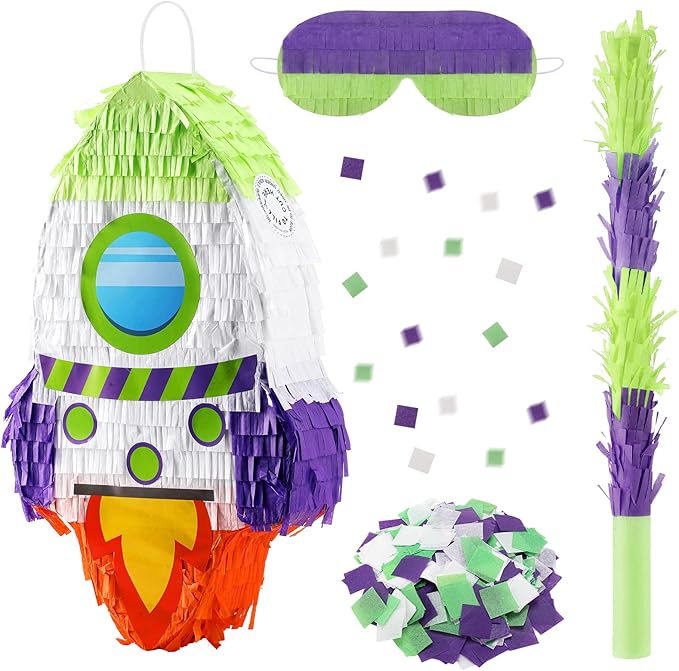Libima Rocket Ship Piñata with Stick Blindfold Bat Confetti Spaceship Space Shuttle Piñata for Outer Rocket Space Astronaut Theme Birthday Party Supplies Decoration