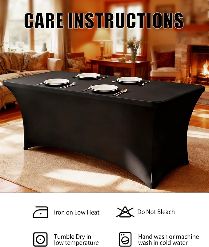 6FT Black Table Cloth - 1 Pack Fitted Stretch Rectangle Spandex Tablecloth, Washable Table Cover for Party, Picnic, Wedding, Banquet, Birthday and Festival(30" x 72")