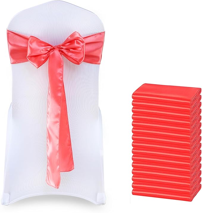 MDS Satin Chair Sashes, 200 Pack, 7”x108” Each, Decorative Chair Bows Ribbon Tie Backs for Wedding Party, Holiday Dinner, Birthday, Reception, Banquet, Hotel & Event Decoration - Coral